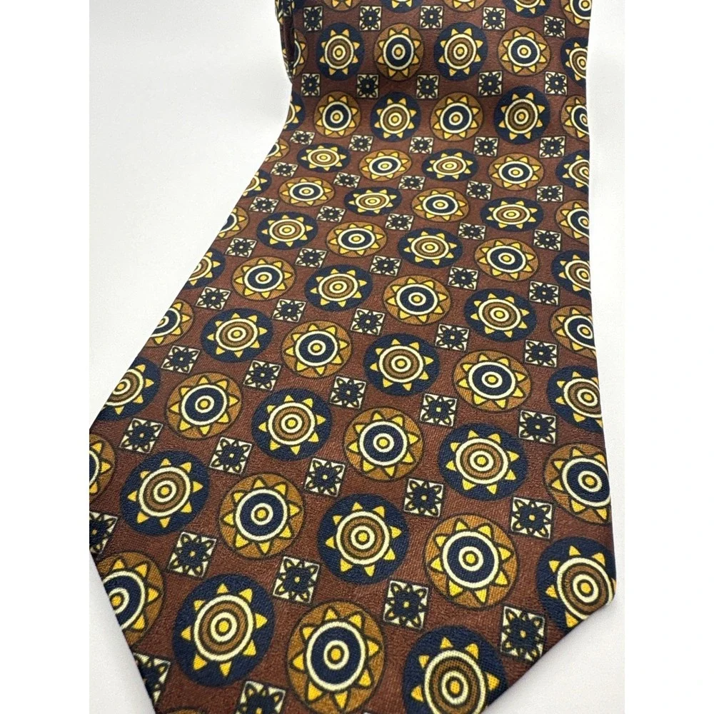 Manhattan Wash n Wear Mens Tie Brown Gold Navy Geometric Medallion Polyester